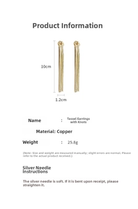 Detail showing gold knotted tassel earrings dimensions 10cm length with silver needles