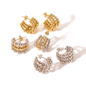 Three pairs of triple-layered 18k gold and silver beaded C-shape earrings for women
