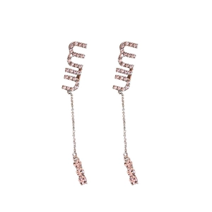 Elegant rose gold long drop earrings featuring pink crystals and letter drop design