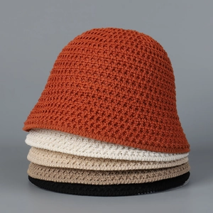 Women Crochet Knitted Bucket Hat Hollow Out Breathable Polyester Foldable Fisherman Hat Japanese Style Summer Sun Cap