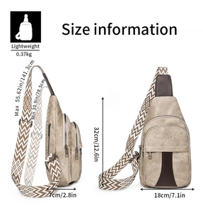 Size information for the beige crossbody chest bag with detailed height and width dimensions