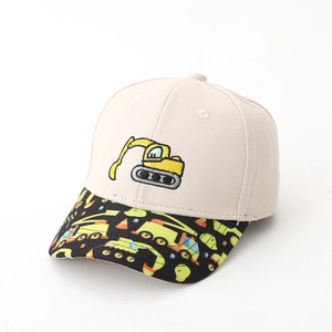 Detail view of cotton kids baseball cap with excavator embroidery and machinery prints