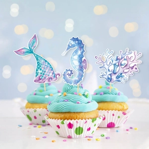 Mermaid themed cake toppers with blue and purple seahorse and coral for birthday parties