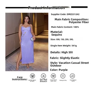 Detailed size chart for purple sequin maxi dress featuring 100% polyester fabric details