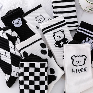 Women Cotton Blend Crew Socks Breathable Knitted Black White Cartoon Bear Checkered Stripe Argyle Casual Fashion Style