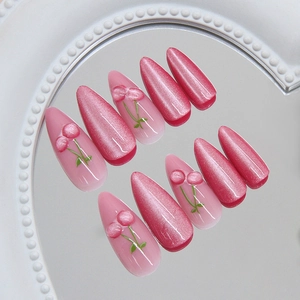 Pink cat eye press on nails with 3D cherry design on heart mirror with pearls
