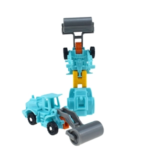 Detail of blue construction steam roller toy transforming into a robot action figure