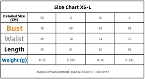 Detailed size chart for sexy halter top including bust and length measurements from XS to L