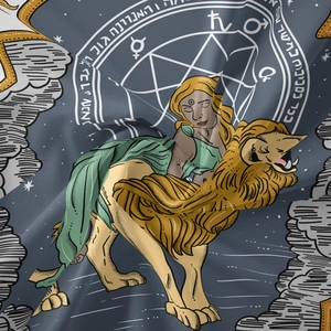 Close-up of tarot tapestry showing a woman riding a lion with celestial zodiac symbols