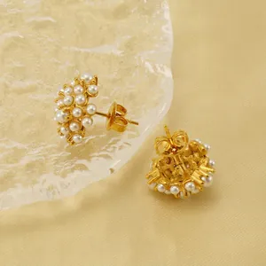 Elegant 18k gold plated cluster pearl stud earrings with a vintage minimalist design