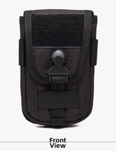 Front view of black tactical waist bag with nylon material and buckle closure