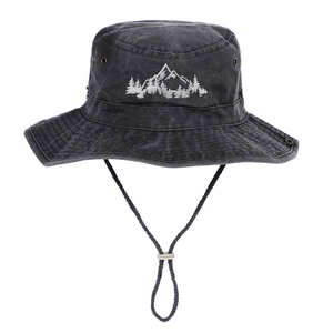 Chapeau Bob Extérieur Broderie Montagne Tissu Lavé Protection Solaire Pêche Randonnée Large Bord Avec Mentonnière