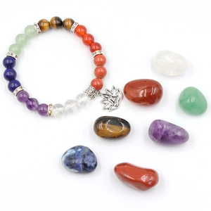 7 Chakra stone bracelet set with raw crystals and silver lotus charm on white background