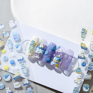 3D Embossed Nail Art Stickers Blueberry Cake Dessert Cartoon Bird Star Cute Self Adhesive Manicure Decals For Women Girls
