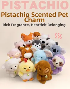 Close-up of cute plush animal pendants like panda and elephant with scented feature