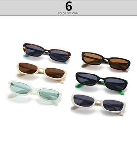 Six different color options of retro oval sunglasses displayed in a flat lay arrangement