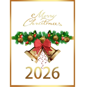 Merry Christmas 2026 window decals with golden bells and festive red ribbons on white