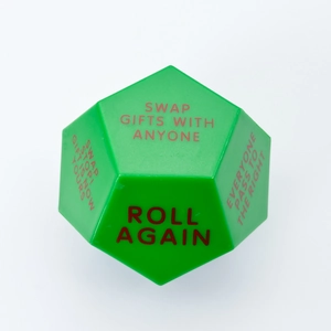 Detail view of a green Santa Swap gift exchange die with printed party game instructions