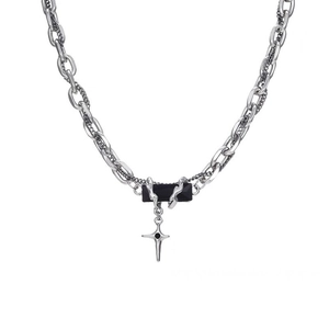 Silver layered titanium steel chain necklace with black gemstone and cross pendant