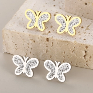 Sparkling butterfly stud earrings set in gold and silver finish with crystal rhinestones