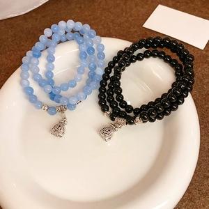 Retro multi-layer beaded bracelet with aquamarine agate beads and money bag charm