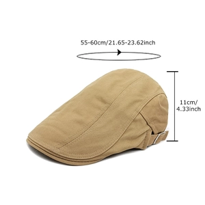 Khaki cotton newsboy flat cap for men with adjustable buckle, size 55-60cm head circumference