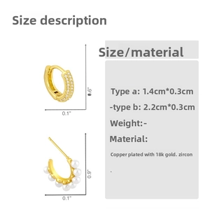 Detailed size and material specs for C-shaped pearl and cubic zirconia gold earrings