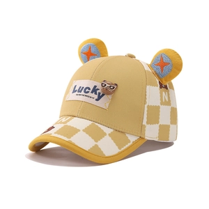 Kids yellow lucky baseball cap with plaid brim and cute bear decor for 3-8 years