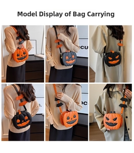 Detail view of pumpkin-shaped crossbody bags featuring unique 3D bat wing shoulder straps