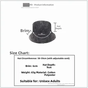 Size information and technical specifications for the cotton polyester bucket hat