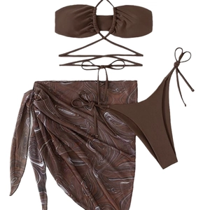 Three-piece brown bikini set with halter top and marble print mesh drawstring skirt