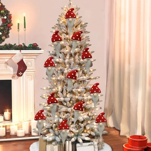 Set of 12 red and white polka dot gnome ornaments displayed on a Christmas tree branch