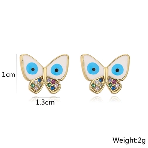 Detail showing colorful butterfly stud earring dimensions 1cm by 1.3cm in gold plating