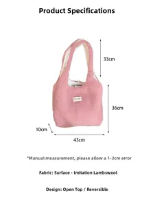 Detailed dimension guide of reversible pink fleece tote bag showing size and capacity