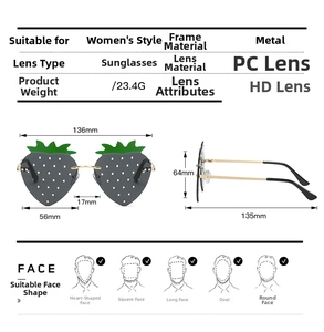 Detailed size chart for strawberry shaped sunglasses with metal frame and PC lens