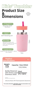 Detailed specs of pink 12oz stainless steel insulated kids bottle with dimensions and parts