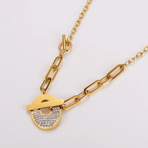 Minimalist gold stainless steel paperclip necklace set with sparkling crystal ring pendant