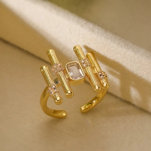Irregular geometric 18K gold plated copper ring with square zircon and open band design