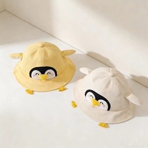 Cute penguin cartoon baby sun hat for toddlers with 3D wings and embroidery details