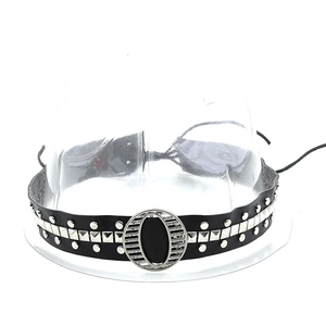 Detail of black punk faux leather choker with silver square studs and metal buckle