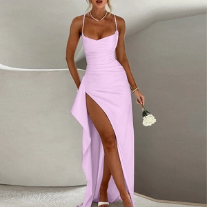 Detail of lavender halter neck dress featuring side slit and elegant pleated waist texture