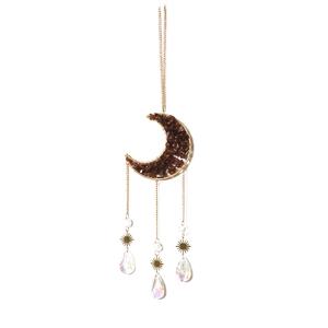 Moon dream catcher pendant with reddish-brown crystals and iridescent prisms