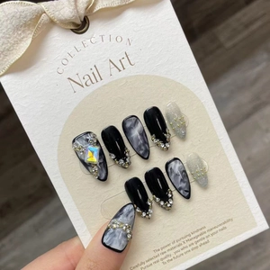 Handmade Black Marble Press On Nails Almond Shape Long Artistic Fake Nails With Rhinestone Glitter Dark Style Nails For Women