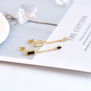 S925 silver gold drop earrings with square and marquise zirconia tassels on white paper