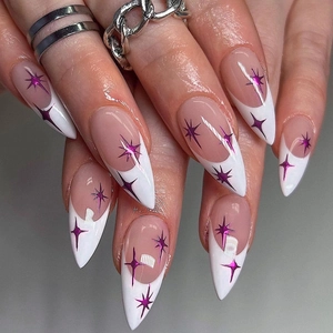 French Tip Press On Nails Long Almond Purple Star Sparkle Design Y2K Fake Nails Women Elegant Style
