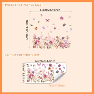 Floral butterfly window stickers showing finished size 62x52cm and layout 60x30cm