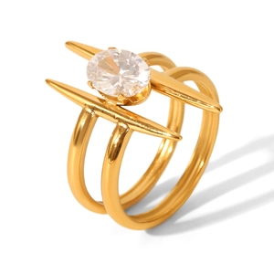 Detail of a gold stainless steel double-band ring with a large oval cubic zirconia stone