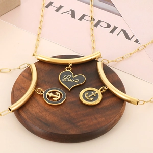 Gold titanium steel heart necklace with anchor pendants and paperclip chain style