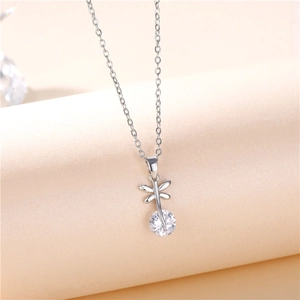 Silver dragonfly necklace with round zircon pendant on a minimalist thin chain