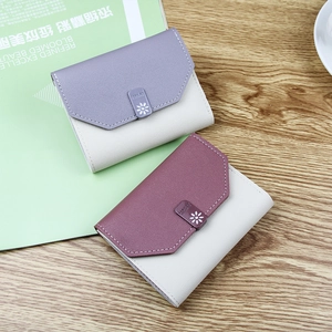 Women Short Wallet PU Leather Tri-fold Color Block Purse With Daisy Buckle Card Holder Minimalist Style